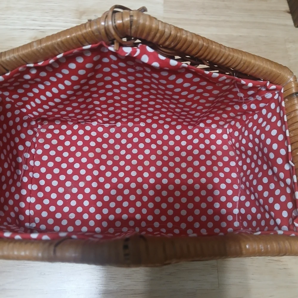 Woven Basket Wicker Leather-Look Velcro Strap Closure Red & White Polka Dot